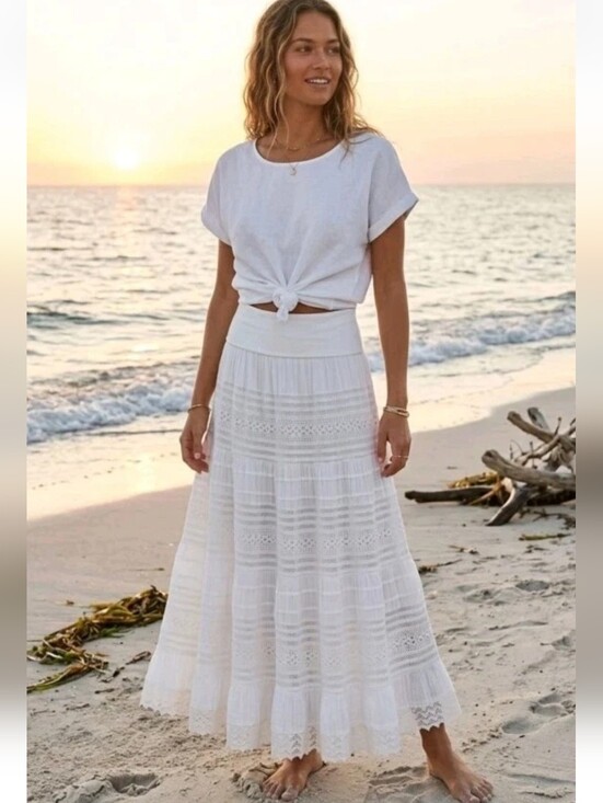 now and then Dresses & Skirts - Vintage Y2k White Tiered Gauzy Maxi Skirt Fold Over Waist Crochet Lace Boho S